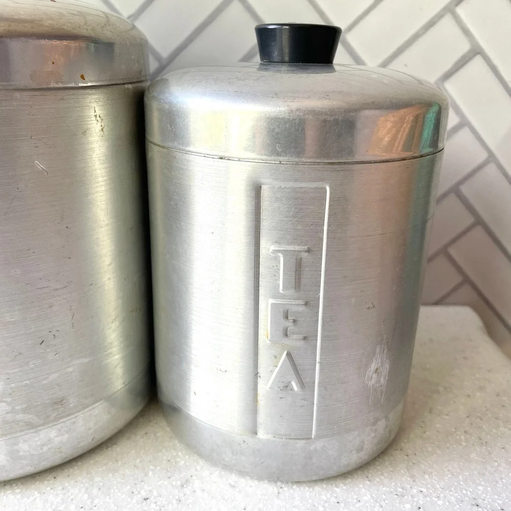 1950s Vintage Spun Aluminum Kitchen Canister Set of 4 Nesting Art Deco MCM